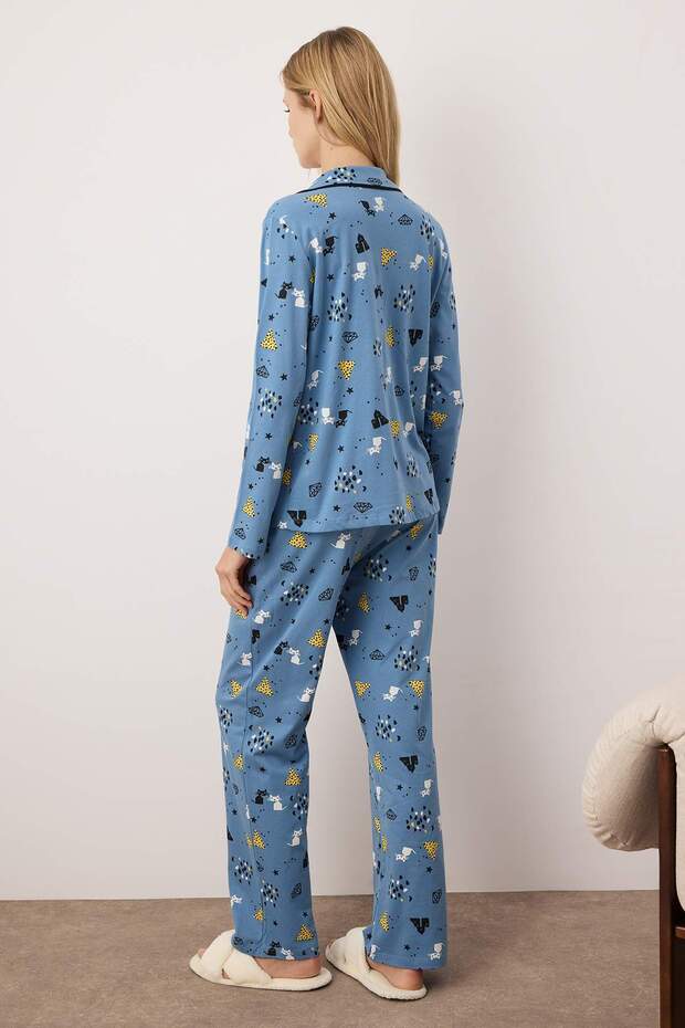 Mavi %100 Pamuklu Desenli Örme Pijama Takımı THMAW21PT0084 - 5