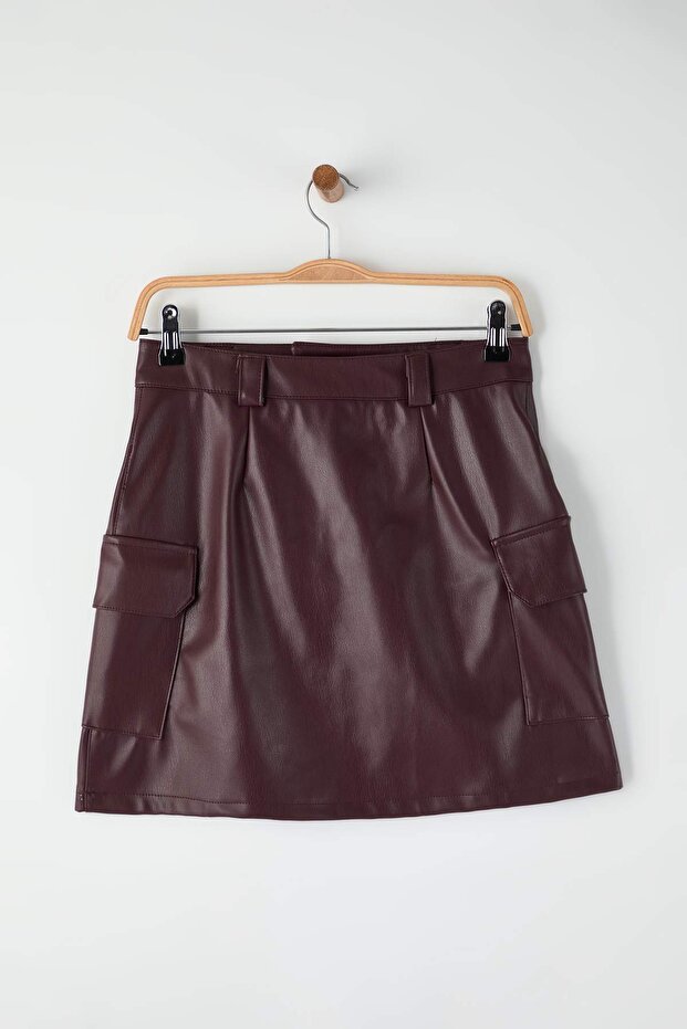 Bordo Suni Deri Kargo Cepli Kalem Mini Örme Etek TWOAW26ET00107 - 6