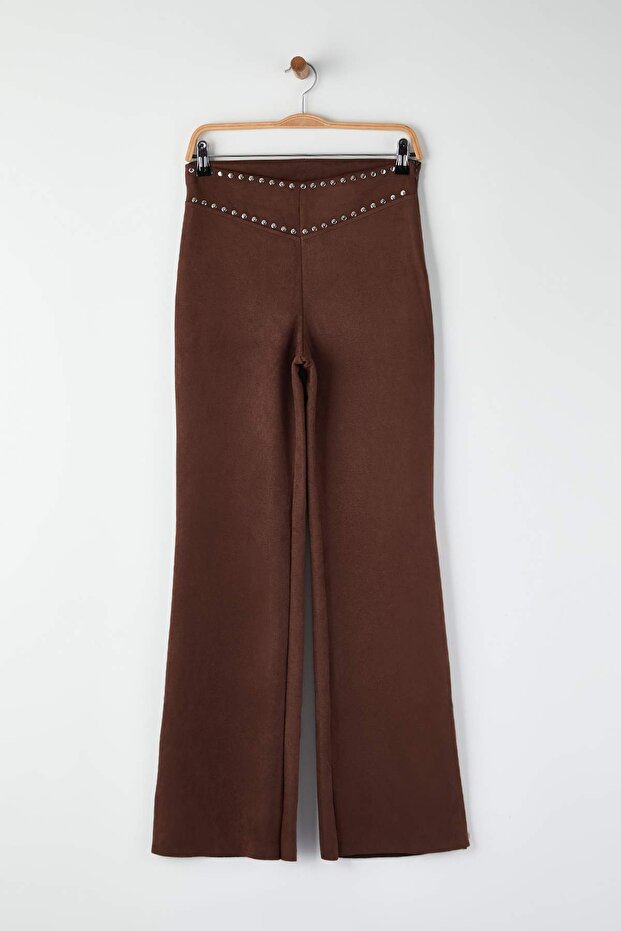 Kahverengi Flare/İspanyol Paça Trok Detaylı Örme Süet Pantolon TWOAW26PL00115 - 5