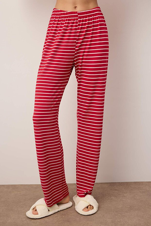 Kırmızı Çizgili Gökkuşağı Baskılı Viskon Örme Pijama Takımı THMAW25PT00014 - 3