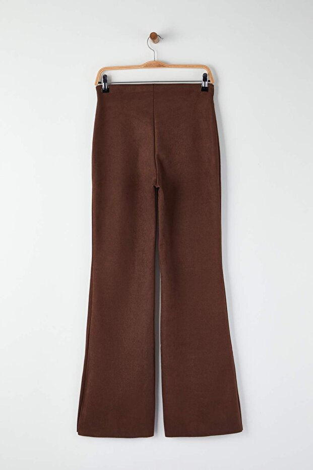 Kahverengi Flare/İspanyol Paça Trok Detaylı Örme Süet Pantolon TWOAW26PL00115 - 6