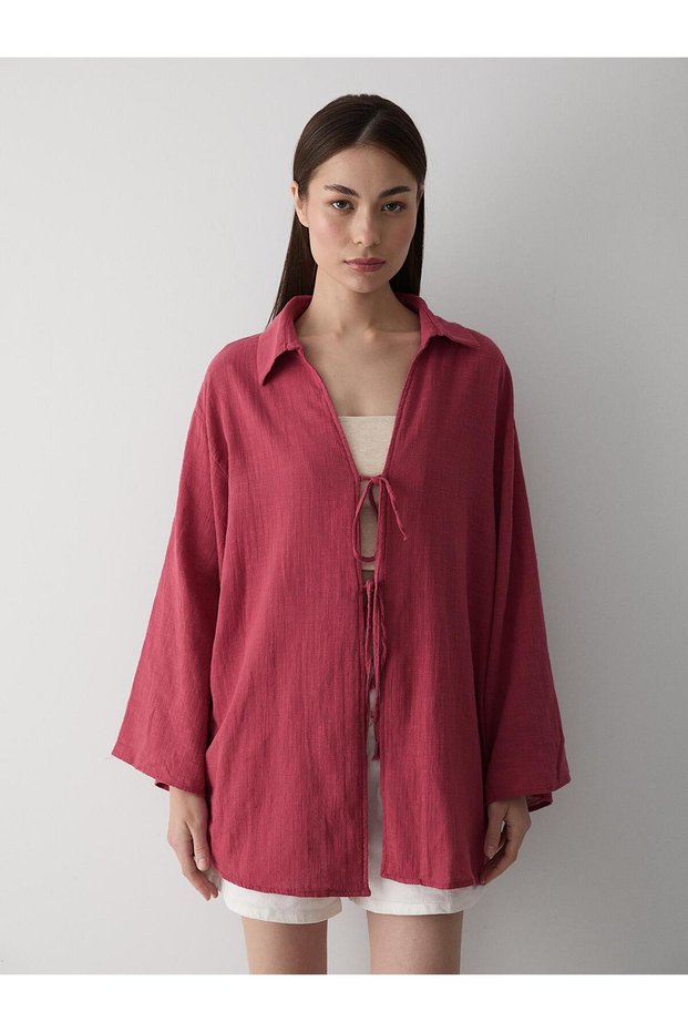 Burgundy 100% Cotton Linen Kimono Blouse with Lace Detail