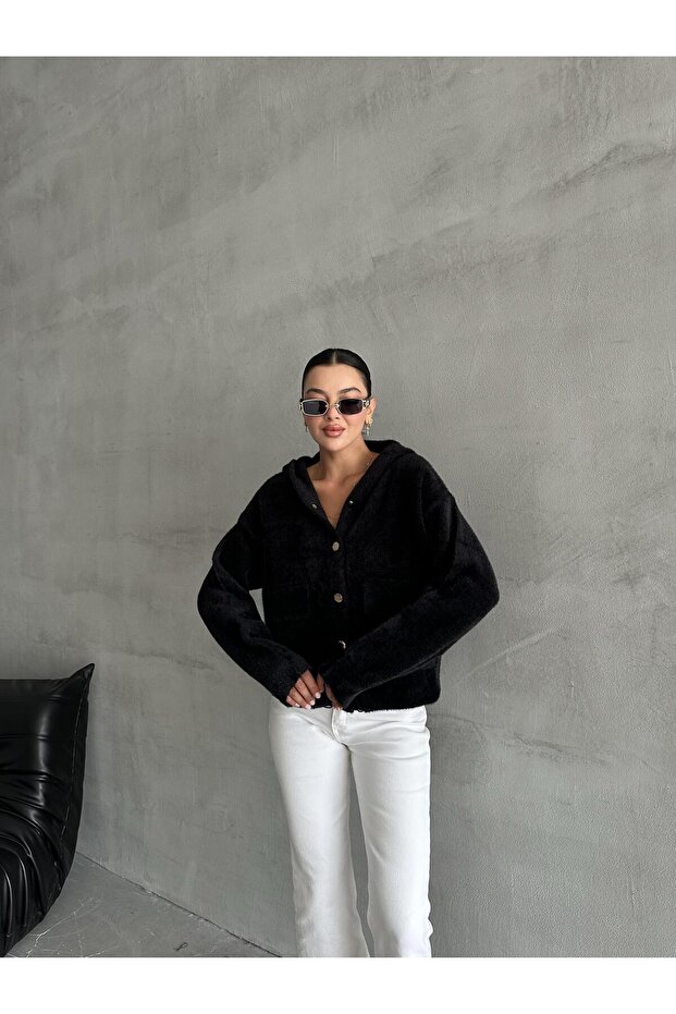 Black Pulpy Hooded Buttoned Cardigan with Pockets