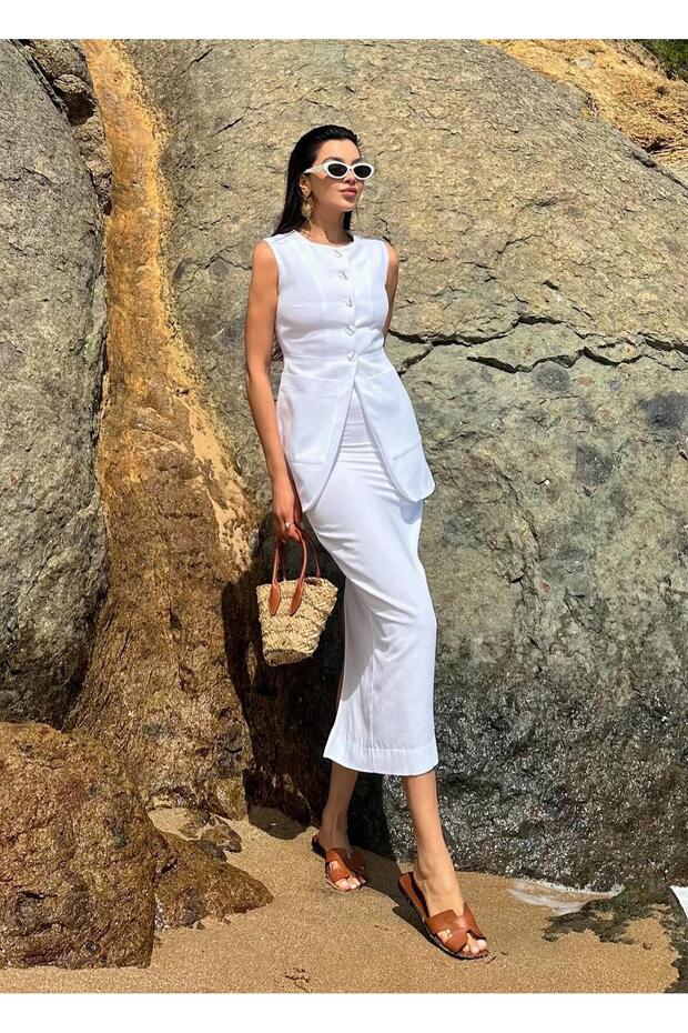 White 100% Cotton Slit Pencil Skirt Vest Set