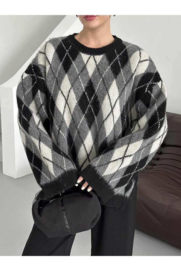 Black Multi-Baklava Patterned Sweater - 3