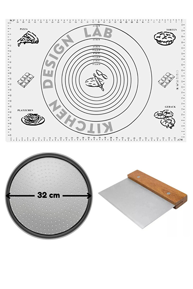 White Silicone Dough Rolling Mat 45 X 65 Cm, 32 cm Pizza Tray and Dough and Pizza Cutter with Wooden Handle