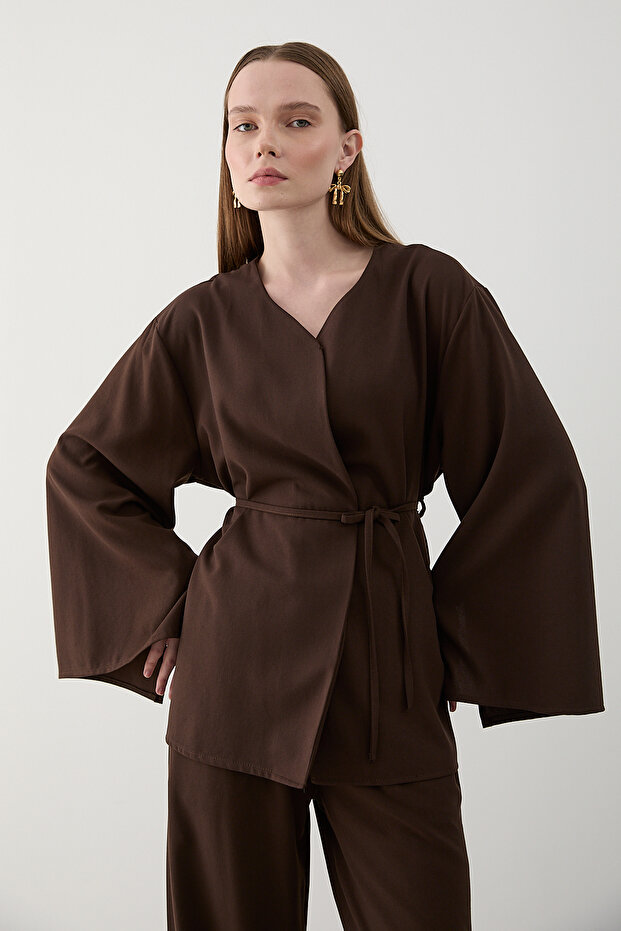 Brown Drawstring Kimono Set - 8864