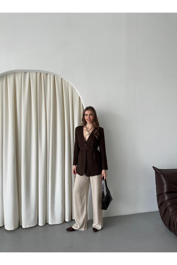 Brązowa kurtka z paskiem z 100% bawełny - 5