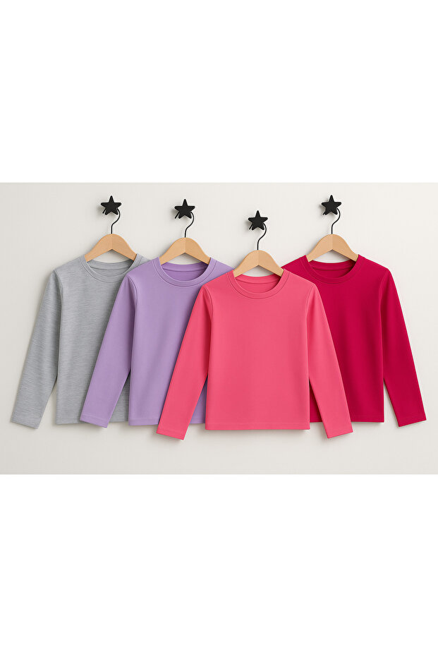 Girl's Crew Neck Plain Long Sleeve 4-Piece T-Shirt