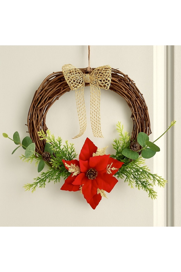 30cm Premium Asma Dalları ,Okaliptüs ve Ponsetya Çiçeği Detaylı Yılbaşı Kapı, Duvar Dekorasyon - 3