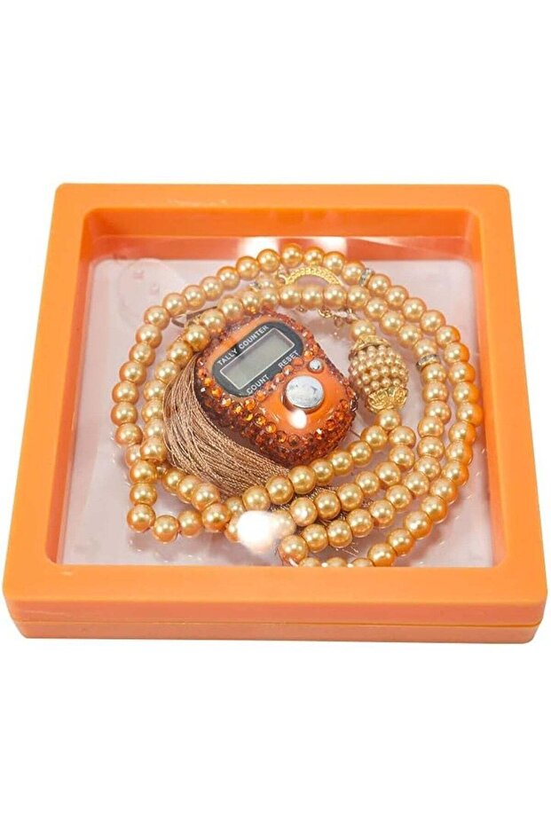 Digital Elegance 99 Glass Bead Tasbeeh Gift Set with Digital Counter Orange