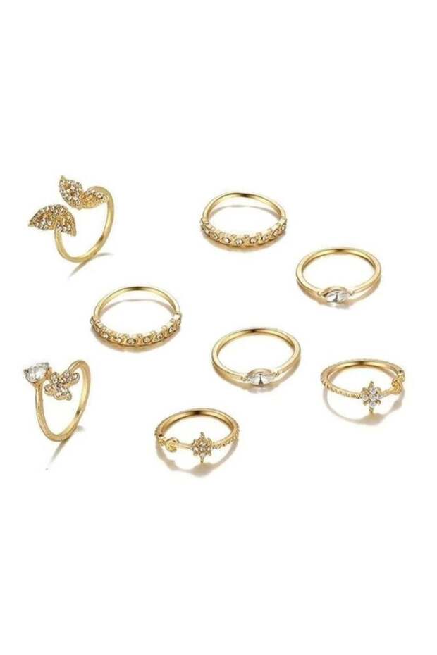 Gold Butterfly & Crystal Ring Set 8 Pcs Elegant Jewelry