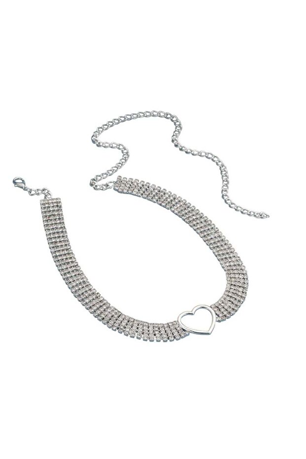 Rhinestone Choker Necklace with Heart Pendant Silver Alloy, 33cm + 26.6cm