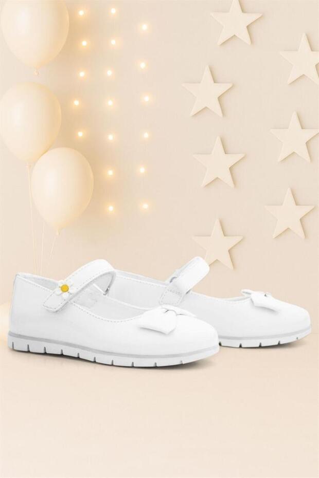 White Patent Leather Bow Daisy Detailed Velcro Girls' Ballerinas