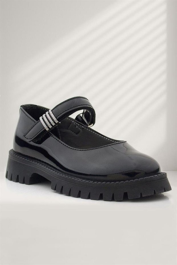 Black Patent Leather Velcro Thick Sole Metal Detailed Girls' School Shoes