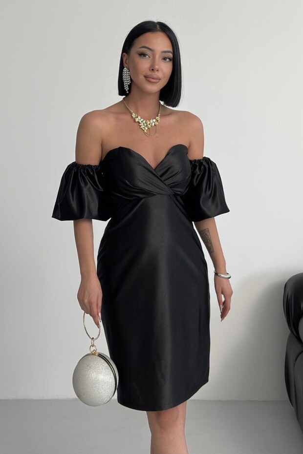 Bandeau Balon Sleeve Bodycon Mini Evening Dress Black Dress