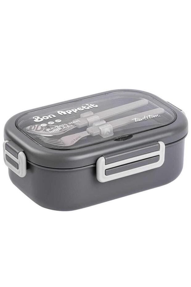 تانتينو رمادي ستانلس ستيل مستطيل وعاء طعام مع شوكة وملعقة 850 مل - 1