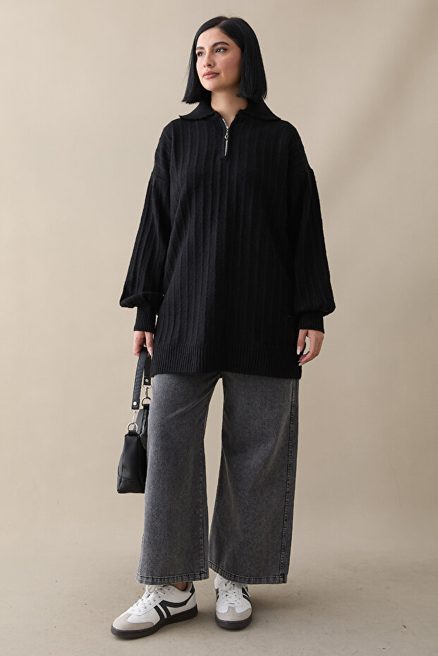Zippered Plush Black Knitwear Sweater