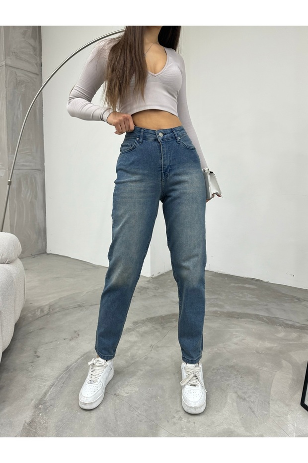 Női rugalmas/lycra magas derekú Mom Jeans - 1