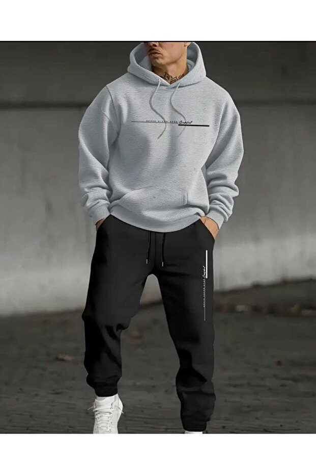 Men's Minimal Printed Gray Men's Sweat Set