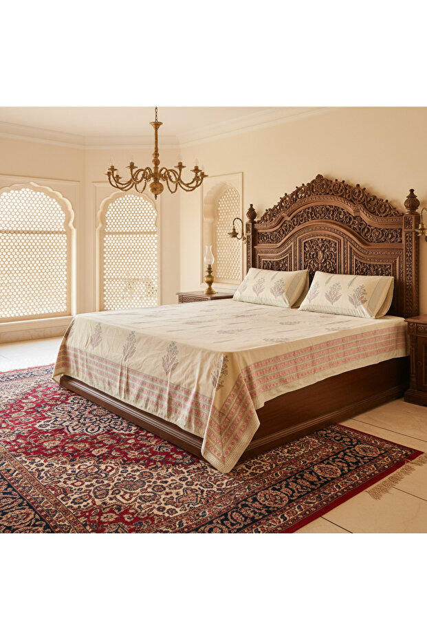 Heritage Block Print 100% Cotton Percale Bedsheet with 2 Pillowcases