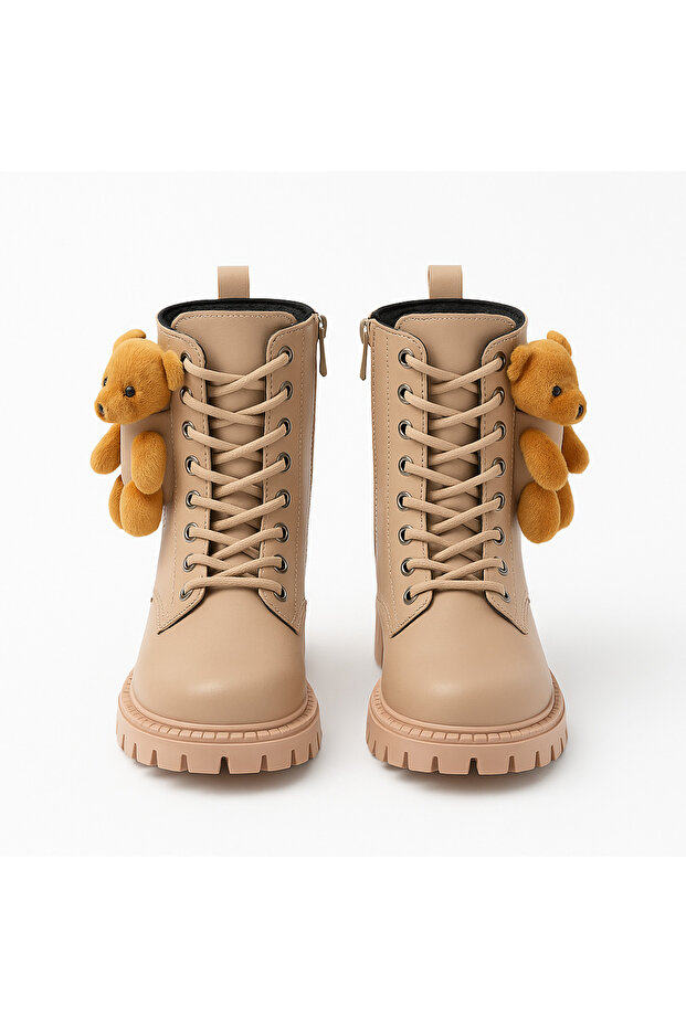 Ortopedik Ayıcık Detaylı Krem Çocuk Bot Bağcıklı Kalın Taban Kaymaz Bilek Boy Çocuk Bot - 4