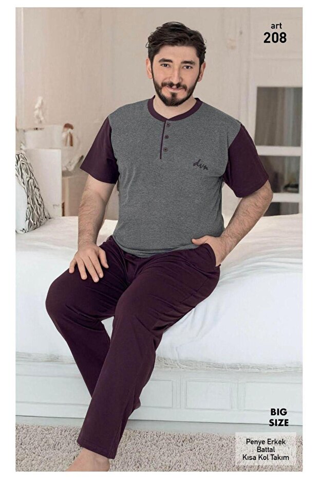 Men's Grey Oversized Short Sleeve Long Pants Cotton T-Shirt Trousers Plus Size Pajama Set with Pockets