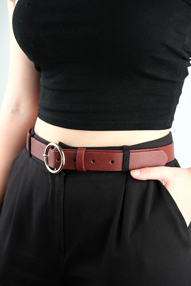 Women's Brown Yellow Round Buckle Faux Leather Belt 100 cm