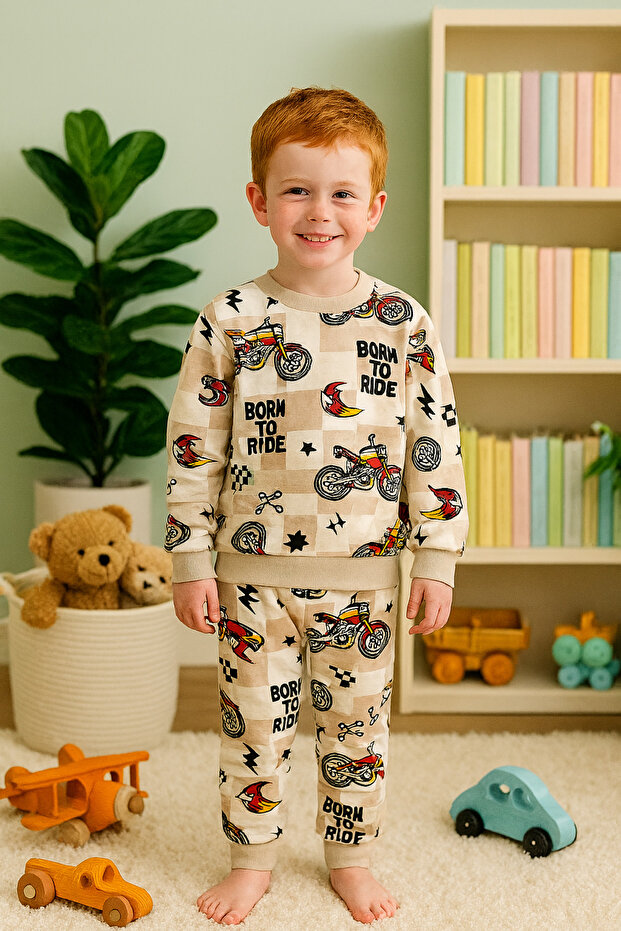 Boys' Motorcycle Printed Brown 100% Cotton Seasonal Pajama Set