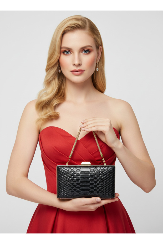 Black Color Anaconda Patterned Matte Stylish and Luxurious Women's Evening Dress Bag