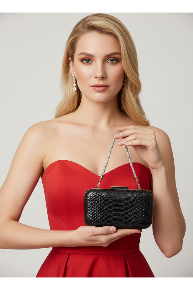 Black Color Anaconda Patterned Matte Stylish and Luxurious Women's Evening Dress Bag Wedding Engagement