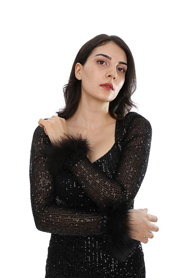 Siyah Pullu Otrişli Elbise - 7