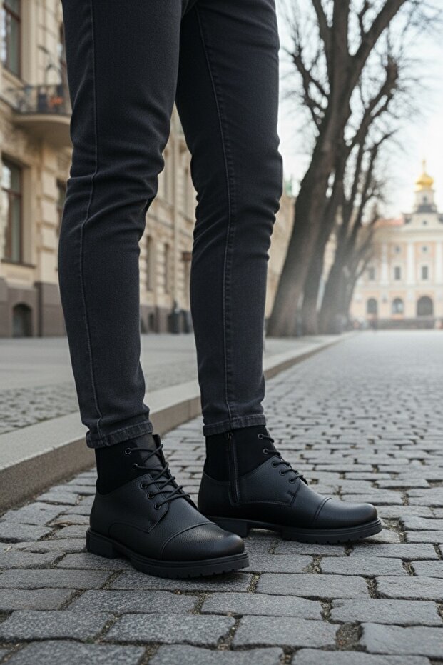 ERKEK SÜET DETAYLI BAĞLI SİYAH KIŞLIK BOT - 4