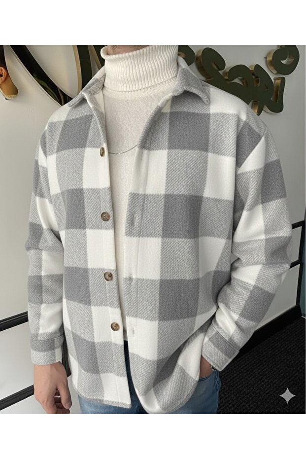 Men's Gray Oversize Checkered Thick Winter Fleece Shirt