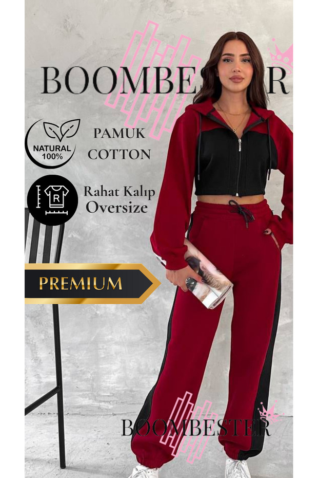 Women's Three-Thread 100% Cotton Oversize Tracksuit Set - Relaxed Fit with Ribbed Corset and Stripe Detail