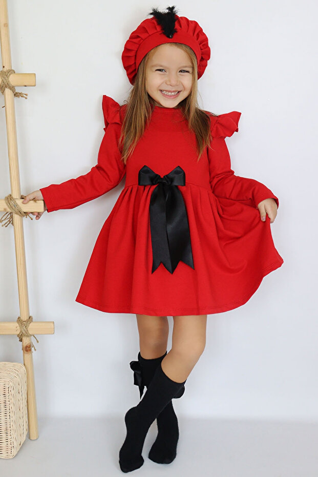 Lány piros Sofia pamut masni részletes ruhasapka estélyi ruha szett - 4