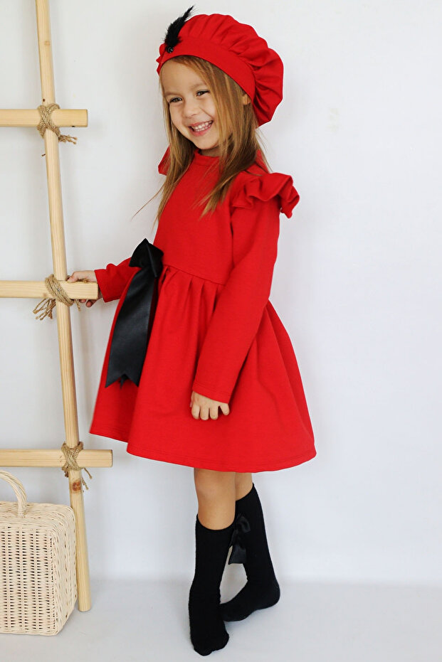 Lány piros Sofia pamut masni részletes ruhasapka estélyi ruha szett - 6