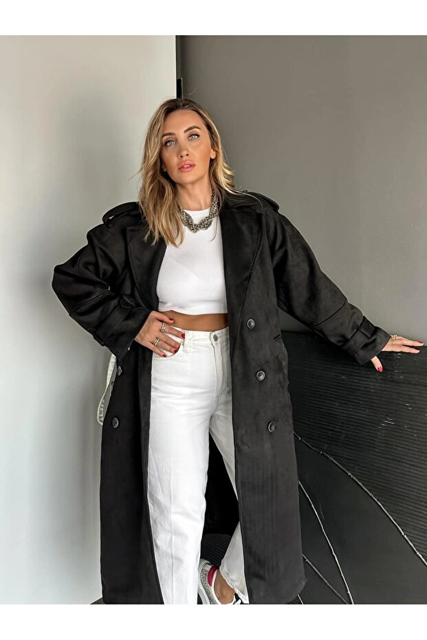 Siyah Süet Trenç - 9608 - 3