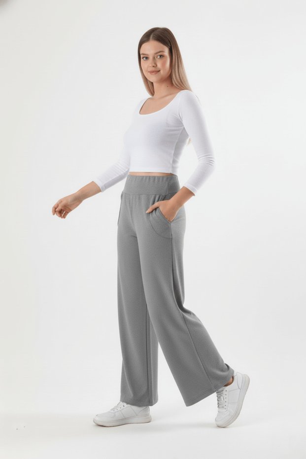 Women's High Waist Pocket Wide Leg Soft Quality Knitted Trousers