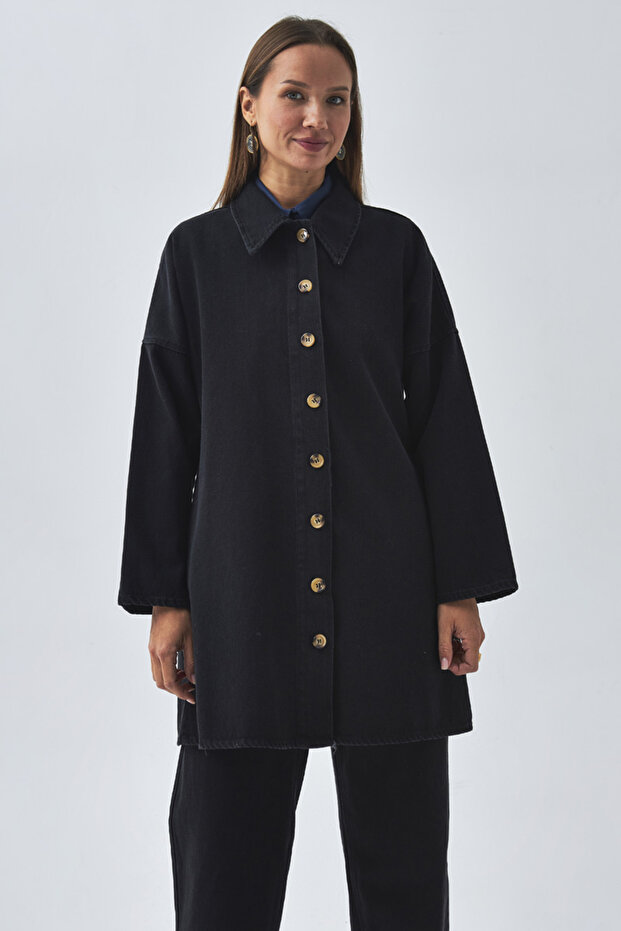 Oversize Denim Gömlek Siyah - 8