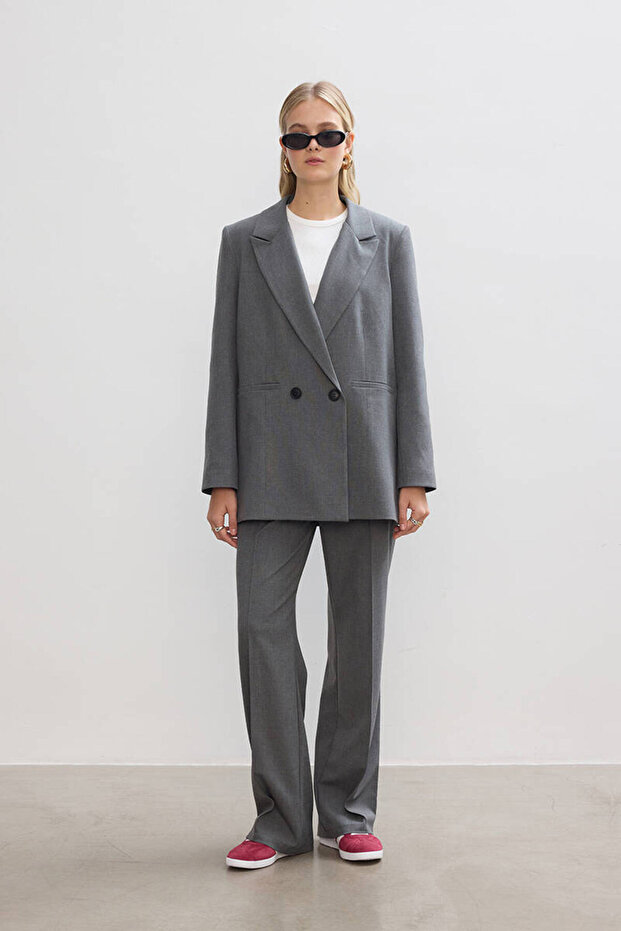 Gri Nervürlü Palazzo Pantolon - 5