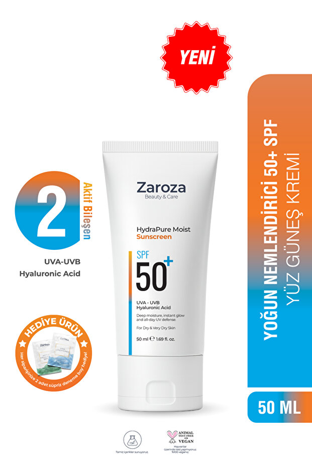 ZAROZA Yüz Güneş Kremi (50 Faktör) - Nemlendirici Etki- Kuru Ciltlere Özel, Hyaluronic Acid UVA UVB SPF50+