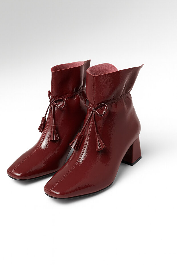 Bordo Kadın Püskül Detaylı Rugan Bot&Bootie 5,5CM BYNDPUSBT01 - 4