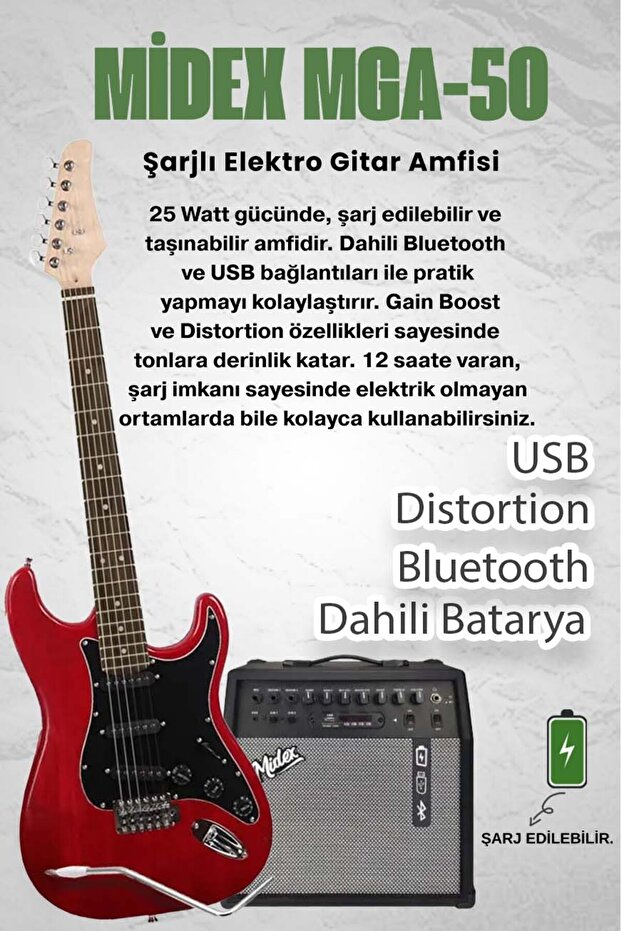 RPH30RD-50AMP Red Elektro Gitar Seti 50 WATT Bluetooth Şarjlı Amfi Kulaklık Full SET - 3
