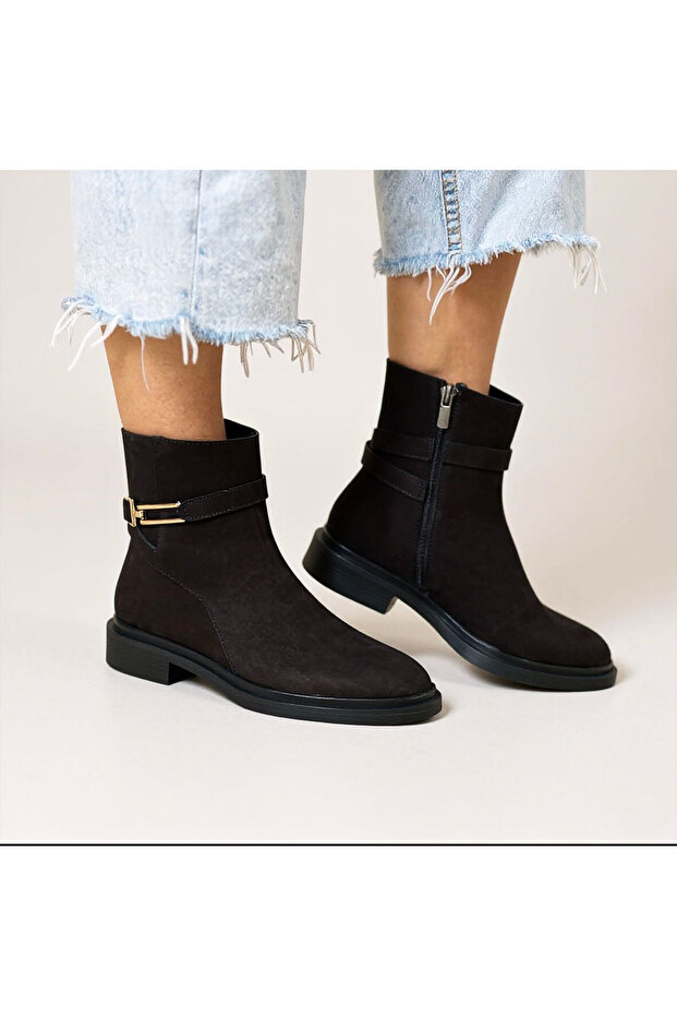 Black Suede Genuine Leather Women's Internal Zipper Boots with Buckle Accessories