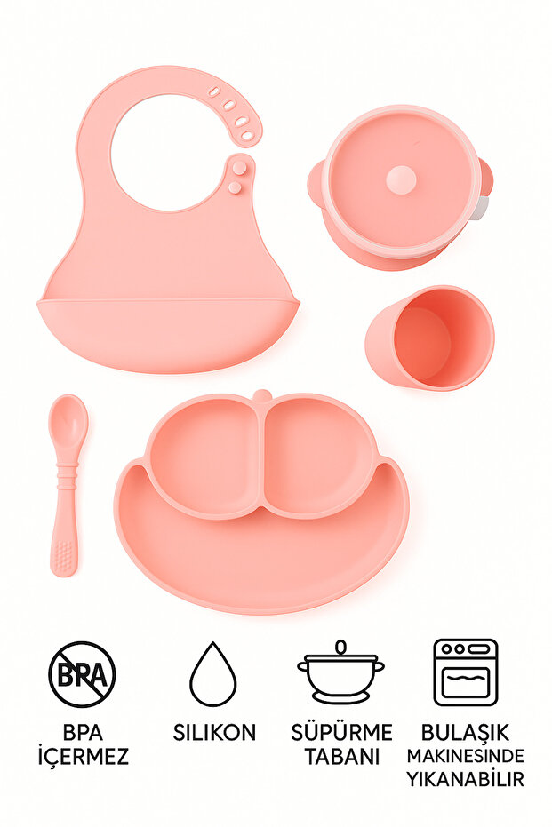 5-Piece Silicone Baby Feeding Set Pink (Divided Food Plate, Leak-Proof Bowl, Spoon, Cup, Bib)