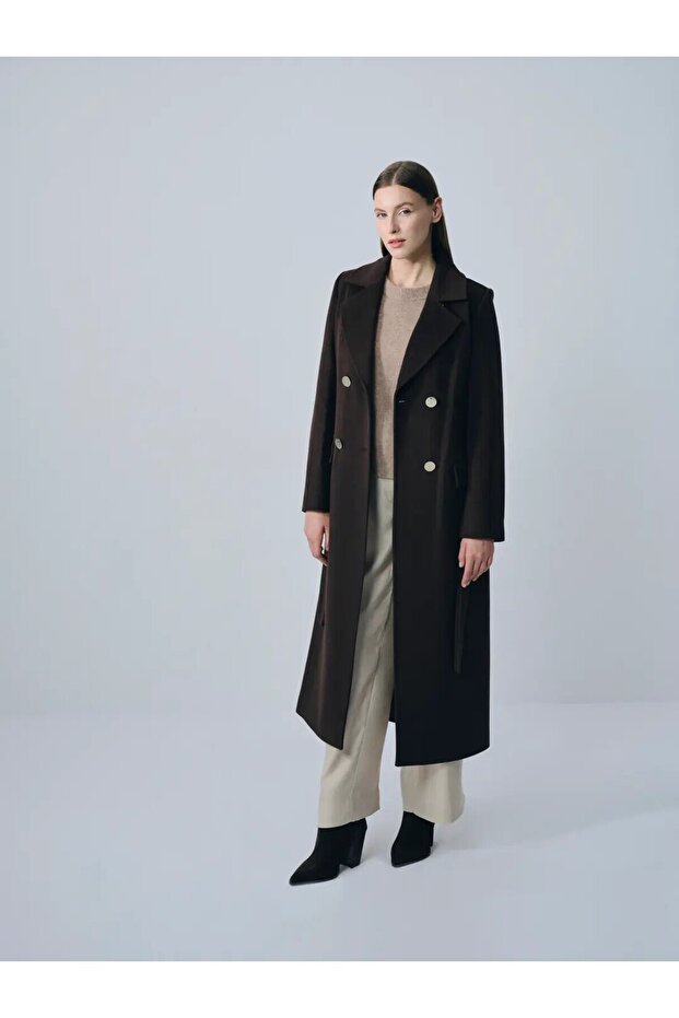 Gold Detailed Double Breasted Coat Dark Brown