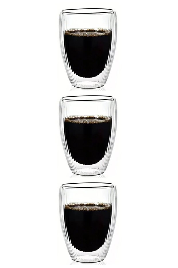 Double Skin Striped Glass, Coffee, Latte, Espresso, Soft Drink 300 ml Glass Set 3 Pieces 2322