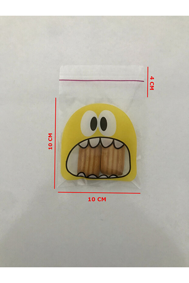 100 Adet 10x14 Cm Sarı Canavar Figürlü Bantlı Şeffaf Opp Jelatin Poşet, Kurabiye Poşeti - 3