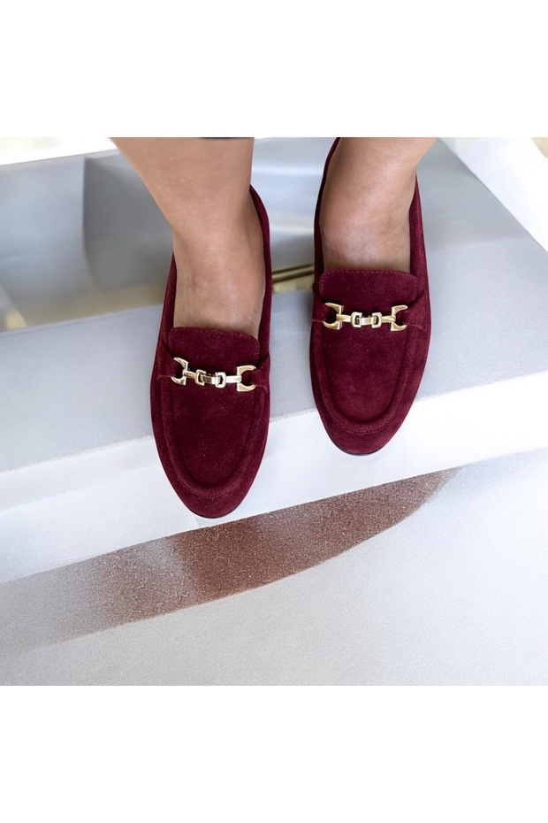 Burgundy Suede Genuine Leather Women's Loafer Shoes with Gold Chain Accessories